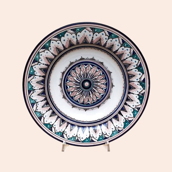 SET OF SOUP-PASTA PLATES OF CM.25 DIAMETER; DESIGN: LIGHT PINK AND SEAWATER GREEN-GEOMETRIC